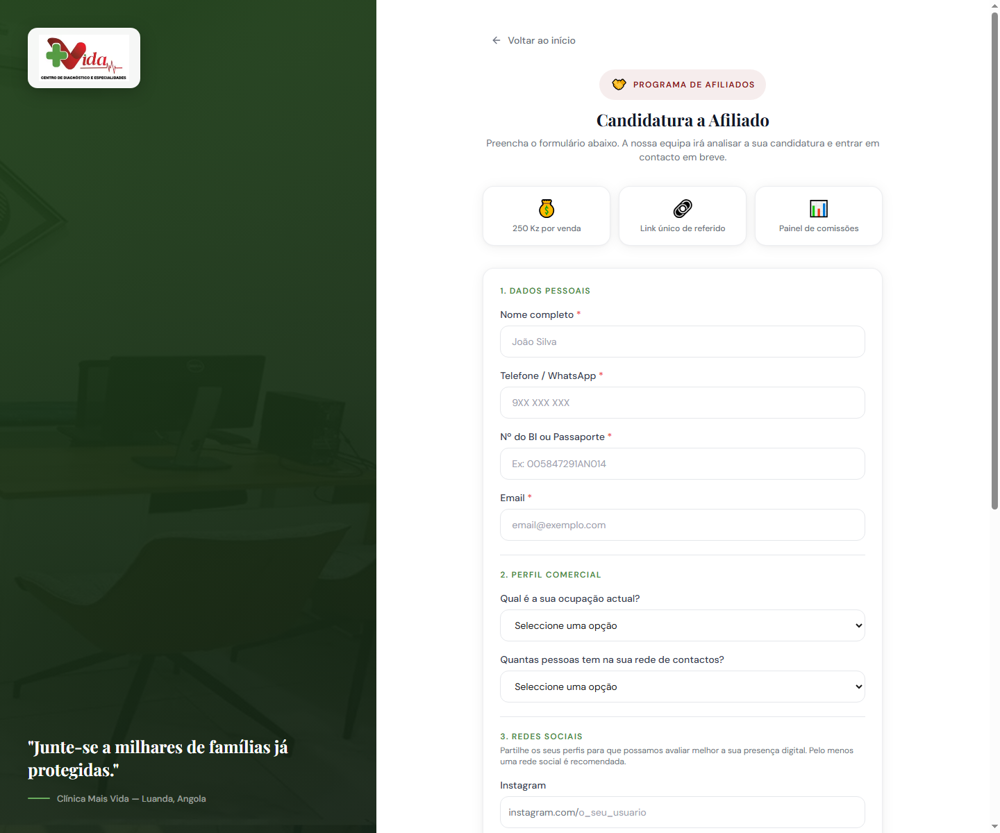 Formulário real de candidatura a afiliado +Vida